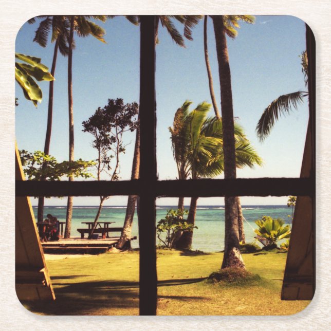 Tropical Fiji Beach Scene coastera Square Paper Coaster (Front)