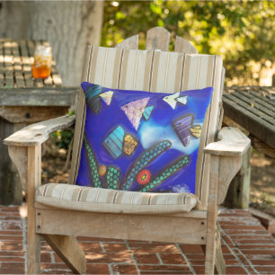 Tropical Fish Blue Dichroic Fused Glass Mosaic Art Outdoor Pillow