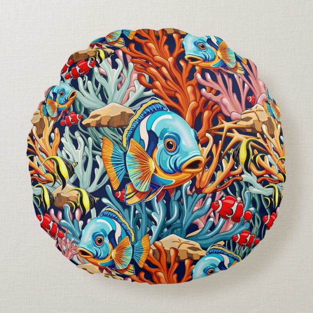 Tropical Fish Colorful Summer Vibes Round Pillow (Front)