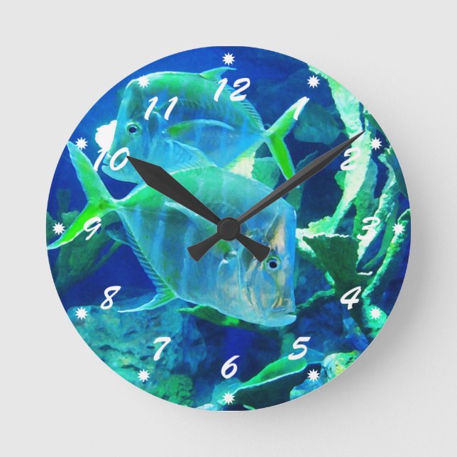 Tropical Fish in Blue Round Clock (Front)