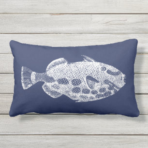 Tropical Fish Navy Blue White Outdoor Lumbar Pill Pillow