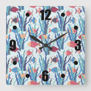 Tropical Fish Pattern in Blue Maroon and Apricot Square Wall Clock