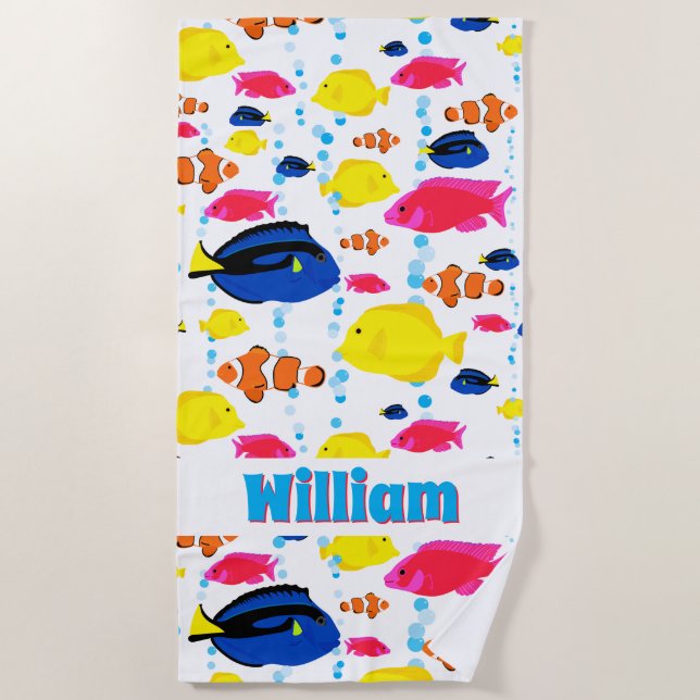 Tropical Fish Personalized Boys Fun Bright Colour Beach Towel (Front)