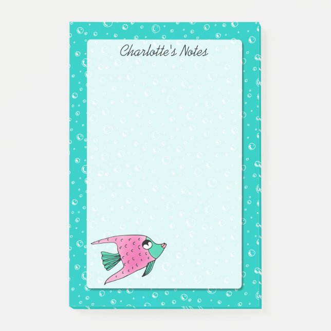 Tropical Fish Pink and Teal Personalized 4 x 6 Post-it Notes (Front)