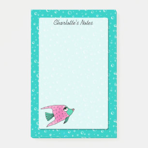 Tropical Fish Pink and Teal Personalized 4 x 6 Post-it Notes