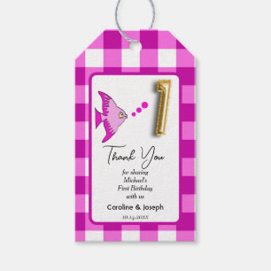 Tropical Fish, Pink Gingham Birthday Thanks Gift Tags