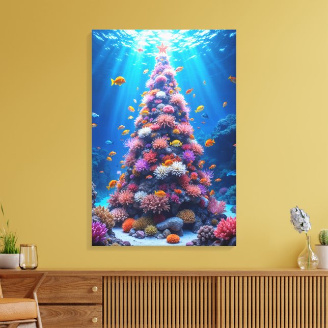 Tropical Fish Swimming Around Christmas Coral Tree Canvas Print (Insitu(LivingRoom))