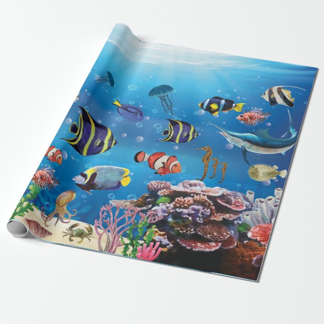 Tropical Fish swimming Seabed Wrapping Paper (Unrolled)