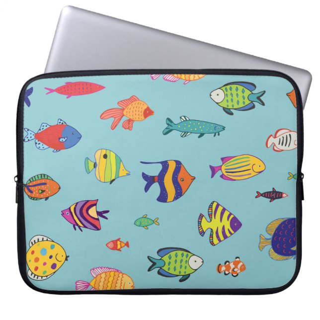Tropical fish, vintage line pattern laptop sleeve (Front)
