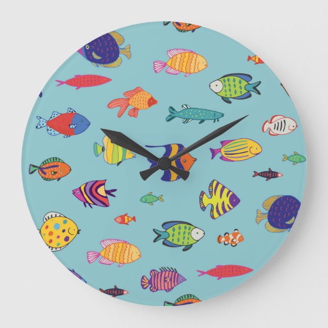 Tropical fish, vintage line pattern large clock (Front)