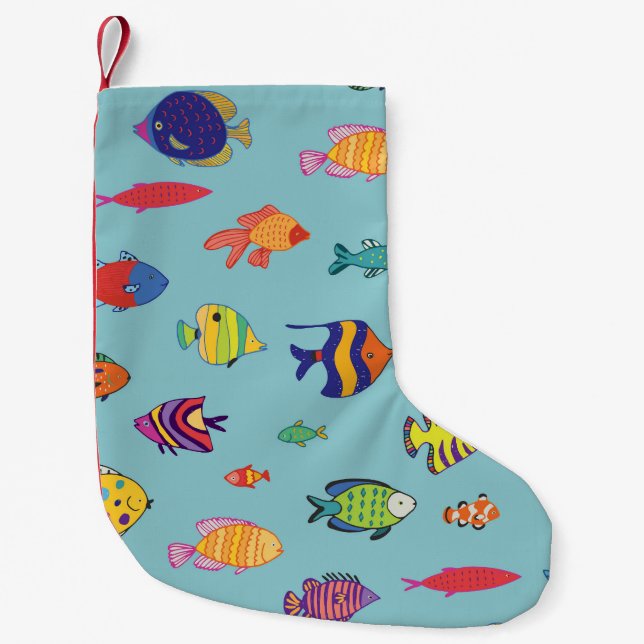Tropical fish, vintage line pattern small christmas stocking (Front)
