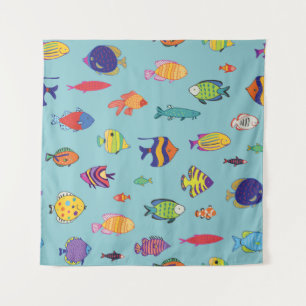 Tropical fish, vintage line pattern tapestry