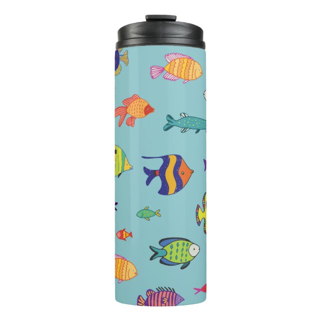 Tropical fish, vintage line pattern thermal tumbler (Front)