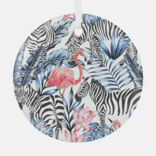 Tropical Flair: Flamingo Zebra Paradise Glass Ornament