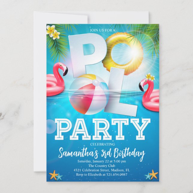 Tropical Flamingle Pool Party Birthday Invitation (Front)