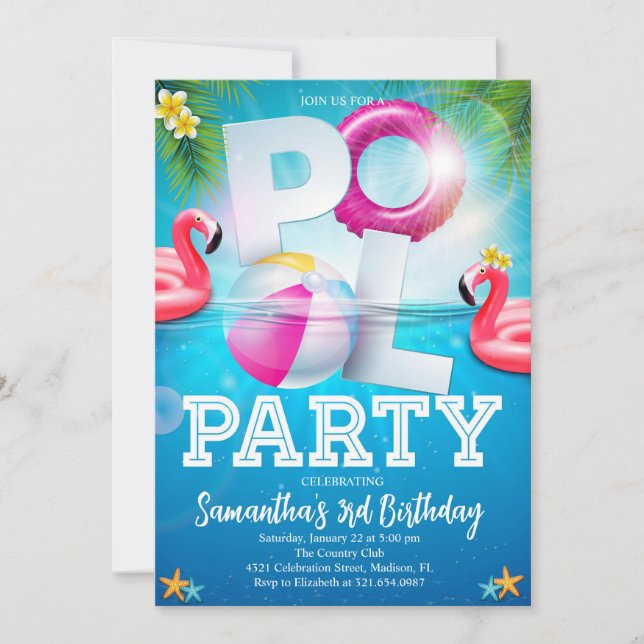 Tropical Flamingle Pool Party Birthday Invitation (Front)