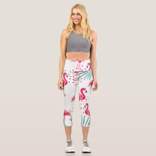 Tropical flamingo and leaves, summer pattern. capri leggings