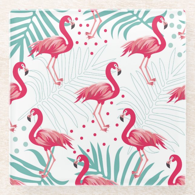 Tropical flamingo and leaves, summer pattern. glass coaster (Front)