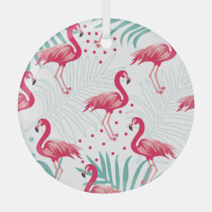 Tropical flamingo and leaves, summer pattern. glass ornament