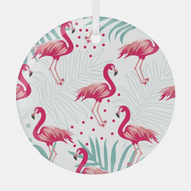 Tropical flamingo and leaves, summer pattern. glass ornament (Front)