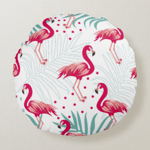 Tropical flamingo and leaves, summer pattern. round pillow