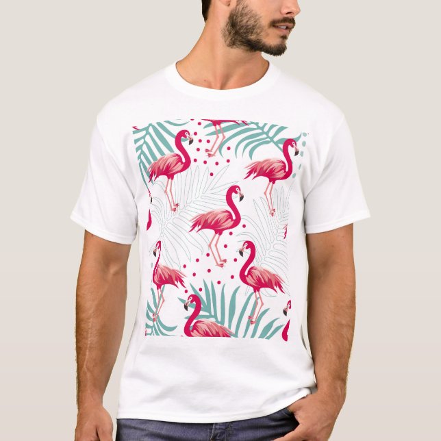 Tropical flamingo and leaves, summer pattern. T-Shirt (Front)