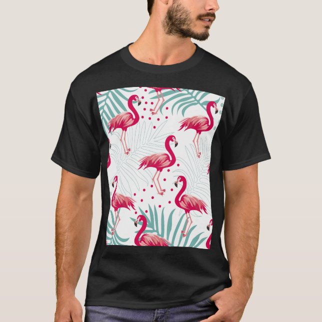Tropical flamingo and leaves, summer pattern. T-Shirt (Front)