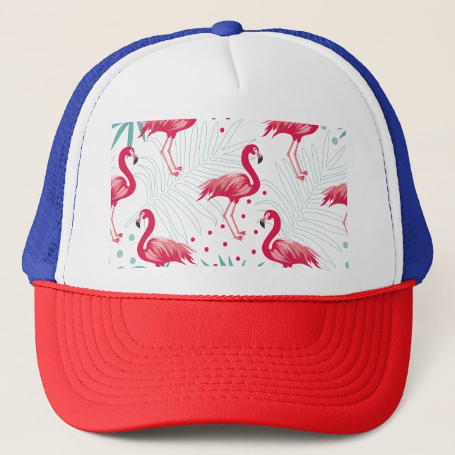 Tropical flamingo and leaves, summer pattern. trucker hat (Front)