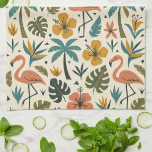 Tropical Flamingo and Palm Tree Pattern Kitchen Towel