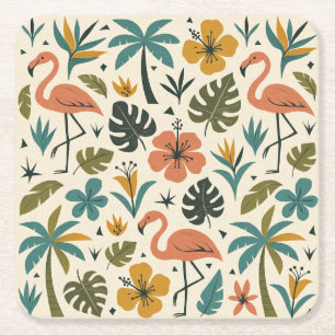 Tropical Flamingo and Palm Tree Pattern Square Paper Coaster