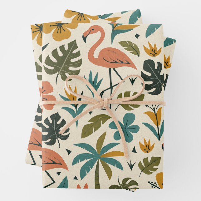 Tropical Flamingo and Palm Tree Pattern Wrapping Paper Sheet (In situ)