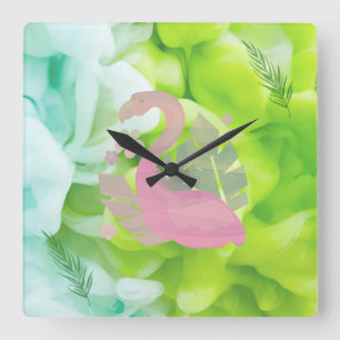 Tropical Flamingo and Palms Square Wall Clock