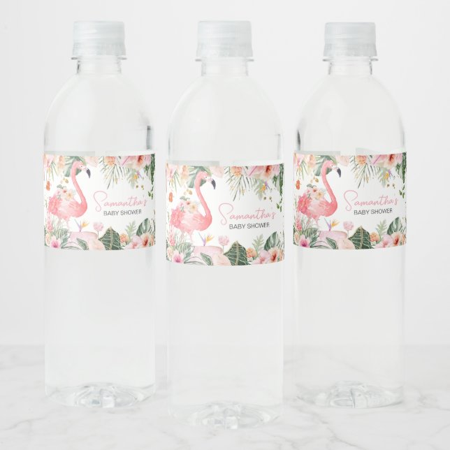 Tropical Flamingo Baby Shower  Water Bottle Label (Bottles)