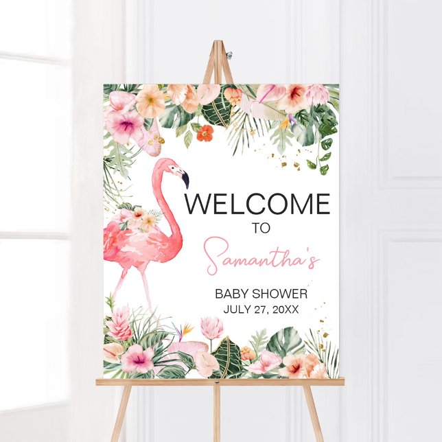 Tropical Flamingo Baby Shower Welcome Poster (Floral Flamingle Baby Shower Welcome Sign)