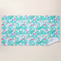 Tropical Flamingo & Bird of Paradise Beach Towel