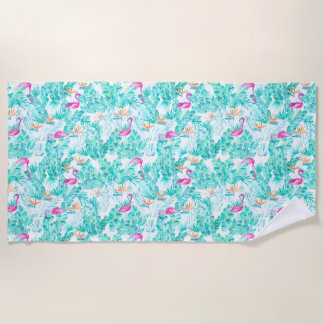 Tropical Flamingo & Bird of Paradise Beach Towel