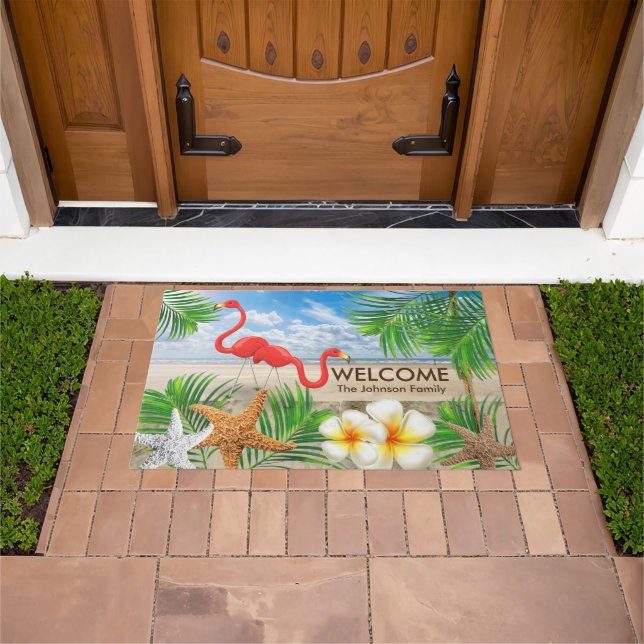 Tropical Flamingo Birds at the Beach Doormat (Outdoor)