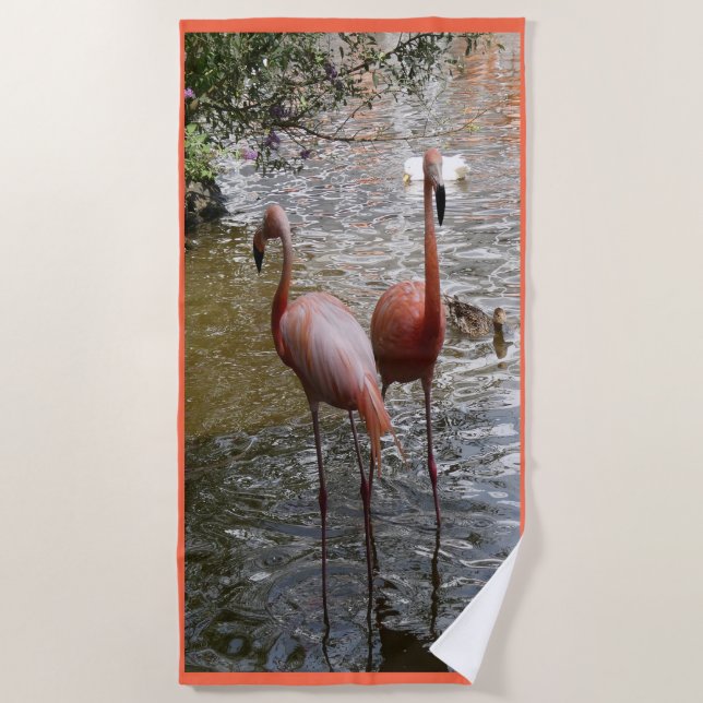 Tropical Flamingo Birds Beach Towel (Front)