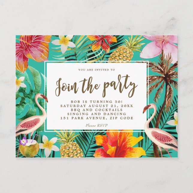 tropical flamingo birthday party invitation postcard (Front)