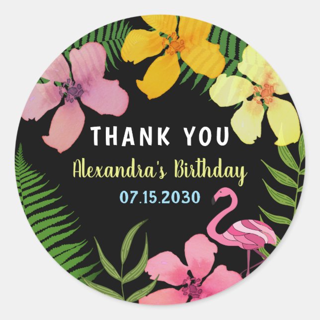 Tropical Flamingo Birthday Thank You Classic Round Sticker (Front)