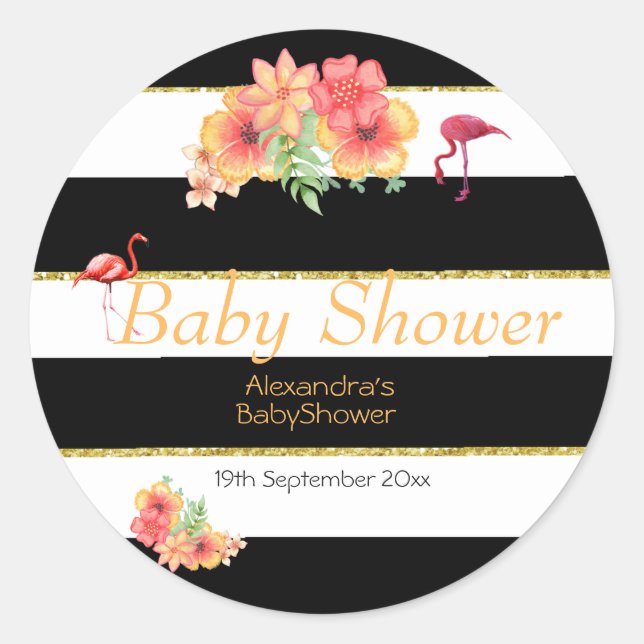 Tropical Flamingo Black Stripe Baby Shower Classic Round Sticker (Front)