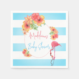 Tropical Flamingo Blue Stripe Baby Shower Napkin