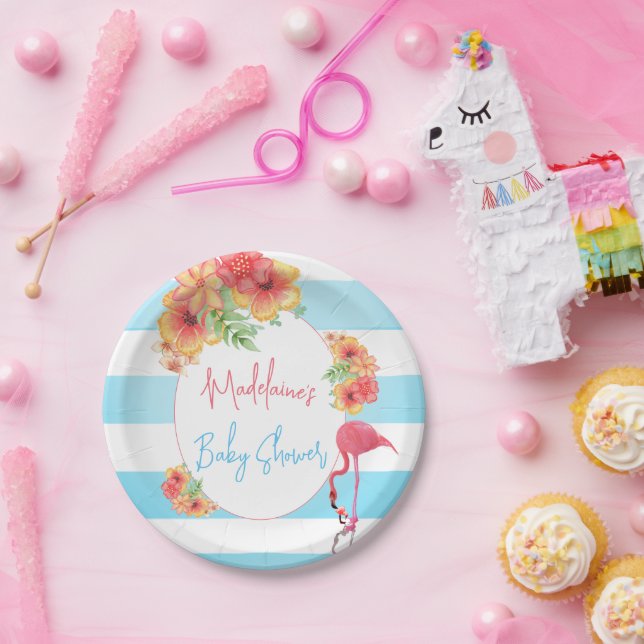 Tropical Flamingo  Blue Stripe Baby Shower Paper Plate (Party)
