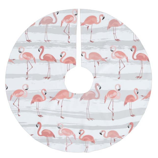 Tropical Flamingo Blue Stripes Pattern Brushed Polyester Tree Skirt (Front)