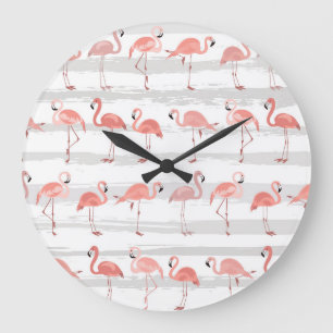 Tropical Flamingo Blue Stripes Pattern Large Clock