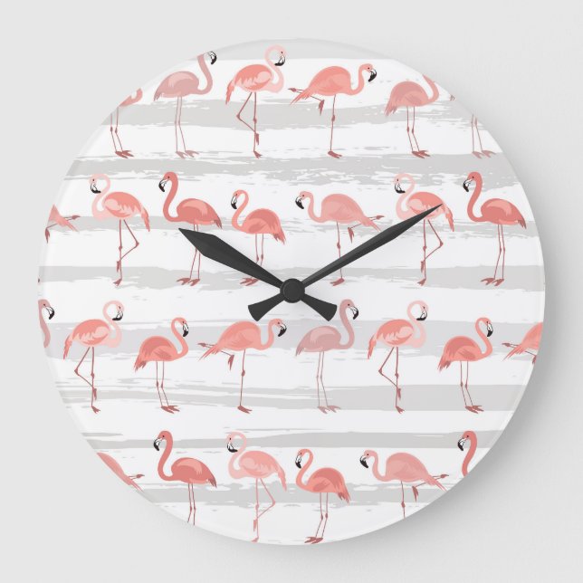 Tropical Flamingo Blue Stripes Pattern Large Clock (Front)