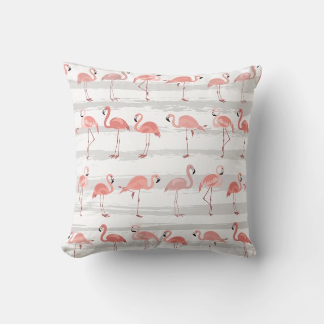 Tropical Flamingo Blue Stripes Pattern Throw Pillow (Front)