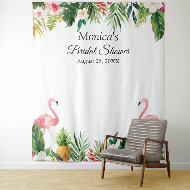 Tropical Flamingo Bridal Shower Photo Backdrop Tapestry (In Situ)