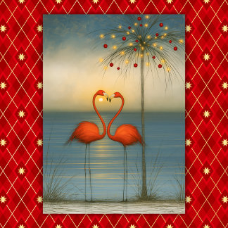 Tropical Flamingo Couple with Christmas Palm Tree Holiday Card