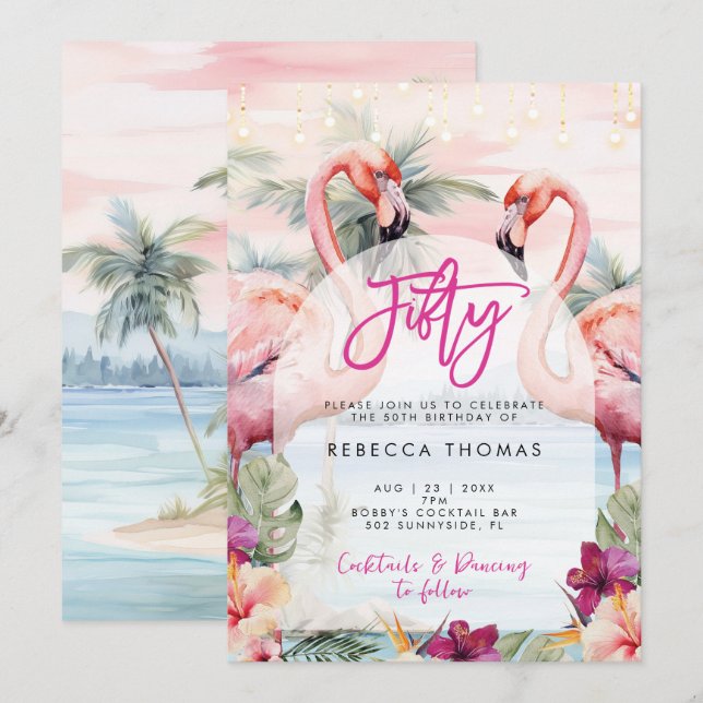 Tropical flamingo fifty birthday party invitation (Front/Back)
